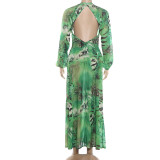 Deep V Neck Print Backless Split Maxi Dress XEF-K6D11375A