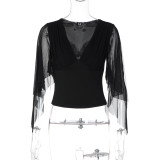 Solid Color Mesh V Neck T Shirts LJSF-T6521800H