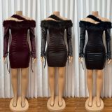 Slash Shoulder Furry Lapel Leather Mini Dress GADE-5474