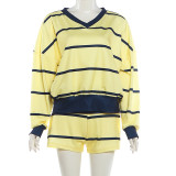 Stripe Print Patchwork Long Sleeve Shorts Suit GZJQ-K6S11536A