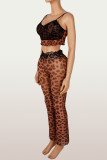Leopard Print Lace Patchwork Two Piece Pants Set YWXS-K26L2263