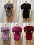 One Shoulder Fuzzy Patchwork Mesh Mini Dress GMYU-10321