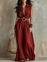 Solid Color Sleeveless Wide Leg Jumpsuit(With Belt) GWDS-260504