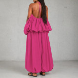 Plus Size Solid Color Sling Loose Backless Pants Suit NNWF-8193
