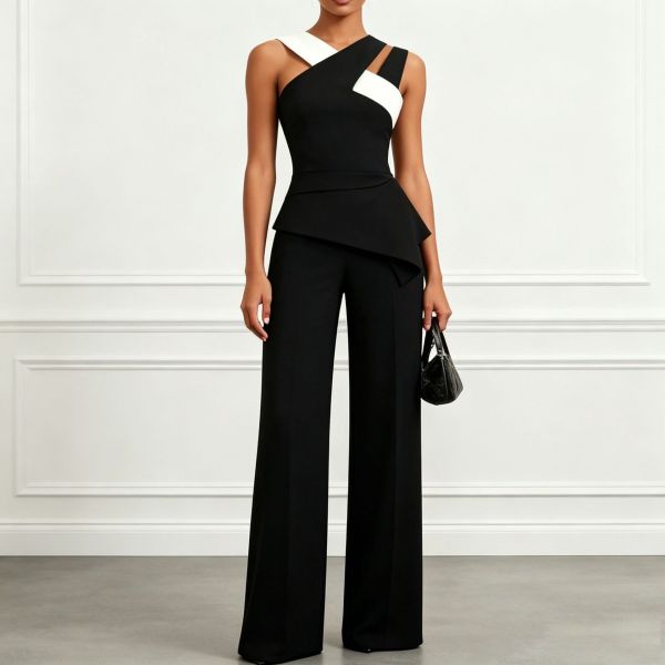 Black White Contrast Color 2 Piece Pants Set SHD-9997