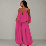 Plus Size Solid Color Sling Loose Backless Pants Suit NNWF-8193