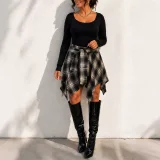 Solid Long Sleeve Top Irregular Print Skirt Suit HNIF-HN104