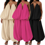 Plus Size Solid Color Sling Loose Backless Pants Suit NNWF-8193