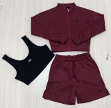 VIP1 Print Embroidery Long Sleeve 3 Piece Short Set QYLF-0187