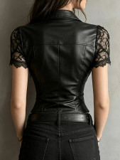 Lace Patchwork PU Leather Shirt GWDS-260421