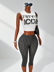 Letter Print Tank Top Polka Dot Pants Suit GHYX-TXY5463