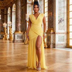 Solid Color Ruched V Neck Maxi Dress GJYO-JD305606