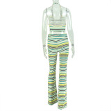 Stripe Print U Neck Halterneck Pant Suit GJYO-JS919186