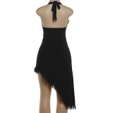 Halterneck Backless Tassel Irregular Dress DLSF-K6D12056A