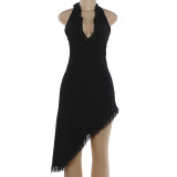Halterneck Backless Tassel Irregular Dress DLSF-K6D12056A