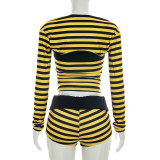 Stripe Long Sleeve Top Three Piece Shorts Set MXBF-J26ST262