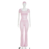 Polka Dot Print Short Sleeve Two Piece Pants Set(With Hairband) GDSF-D26ST239