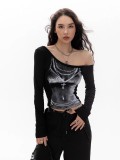 Print Slash Neck Long Sleeve Tops GXIY-K25L1366