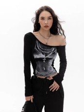 Print Slash Neck Long Sleeve Tops GXIY-K25L1366