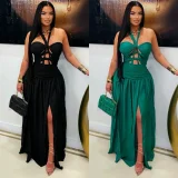 Halterneck Hollow Out Satin Split Maxi Dress BY-7762