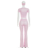Polka Dot Print Short Sleeve Two Piece Pants Set(With Hairband) GDSF-D26ST239