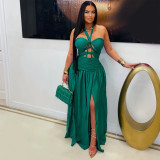 Halterneck Hollow Out Satin Split Maxi Dress BY-7762