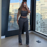 Polka Dot Print Short Sleeve Two Piece Pants Set(With Hairband) GDSF-D26ST239