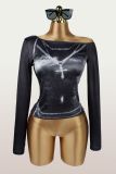 Print Slash Neck Long Sleeve Tops GXIY-K25L1366