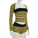 Stripe Long Sleeve Top Three Piece Shorts Set MXBF-J26ST262