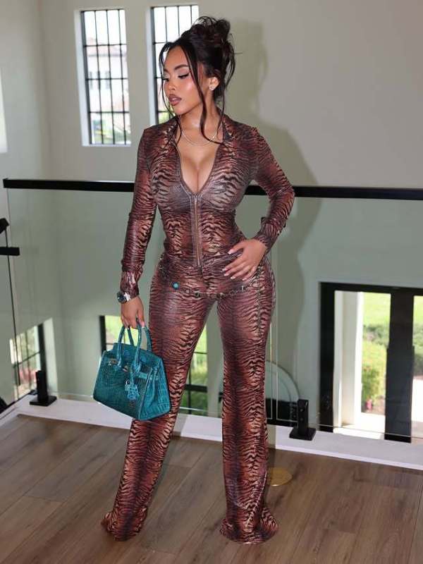 Mesh Print Long Sleeve Two Piece Pants Set MEM-88710