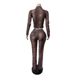 Mesh Print Long Sleeve Two Piece Pants Set MEM-88710