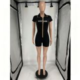 Letter Print Zipper Short Sleeve Romper FOSF-8869