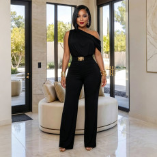 Slash Shoulder Solid Color Jumpsuit BY-7718