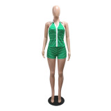 Stripe Lapel Deep V Neck Two Piece Short Set CYA-902420