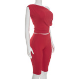 Slash Shoulder Solid Top Seventh Pants Suit GDSF-D26ST276
