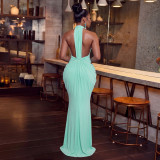 V Neck Halterneck Tie Up Maxi Dress YF-11083