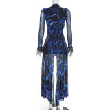 Print Mesh Long Sleeve Hollow Out Maxi Dress GDSF-D26DS267