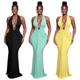 V Neck Halterneck Tie Up Maxi Dress YF-11083