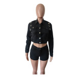 Fashion Denim Short Sleeve Shorts Suit MEM-88711