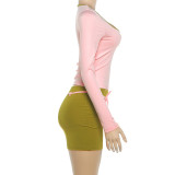 Long Sleeve Top Tie Up Mini Skirts Suit XEF-K6S14175A