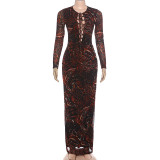 Long Sleeve Print Tie Up Split Maxi Dress XEF-K6D13727A