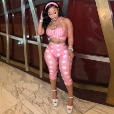 Polka Dot Print Halterneck Two Piece Pants Set(With Hairband) MXBF-Q26ST076
