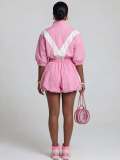 Color Block Zipper Coat Flower Bud Shorts 2 Piece Set LSD-2897