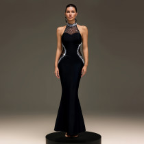 Halterneck Hot Drill Mesh Maxi Dress BY-7737