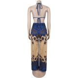 Deep V Neck Haterneck Print Wide Leg Jumpsuit BY-7772