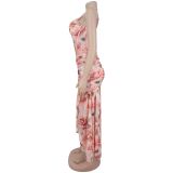 Floral Print Halterneck Mesh Evening Dress BY-7753