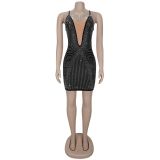 Sexy Deep V Neck Hot Drill Mini Dress BY-7348