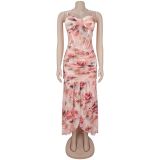 Floral Print Halterneck Mesh Evening Dress BY-7753