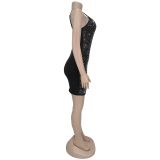 Sexy Deep V Neck Hot Drill Mini Dress BY-7348