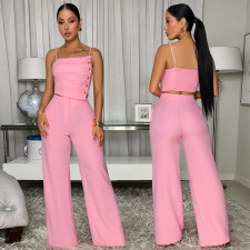 Solid Color Ruched Sling Top Wide Leg Pants Suit BY-7739
